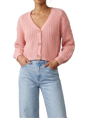 Vestique Cropped V-Neck Pink Cable Knit Cardigan Sweater Size M